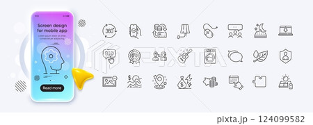 Bid offer, Wall lamp and Mattress line icons for web app. Phone mockup gradient screen. Pack of Piggy bank, Internet downloading, Check investment pictogram icons. Vector 124099582