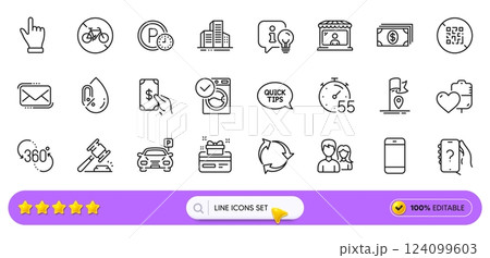 No alcohol, Qr code and Click hand line icons for web app. Pack of Bicycle prohibited, Washing machine, Timer pictogram icons. Lamp, 360 degree, Smartphone signs. Auction hammer, Parking. Vector 124099603