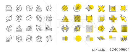 Sleeping pillow, Night bed and Insomnia sleeplessness. Design shape elements. Sleep line icons. Bedroom rest mattress, Zzz snooze and Pillows with feather icons. Vector Sleeping pillow, Night bed and Insomnia sleeplessness. Design shape elements. Sleep line icons. Bedroom rest mattress, Zzz snooze and Pillows with feather icons. Vector 124099604