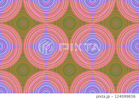 細い重なり合う多重の円のシームレス模様 ピンク 紫 緑 オレンジ 124099656