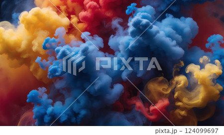 A vibrant mixture of colorful smoke billowing out from a container 124099697