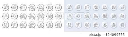 Bicycle parking, Bike delivery and Charging station line icons. White pin 3d buttons, chat bubbles icons. Pack of Metro map, Diesel station, Charging parking icon. Vector Bicycle parking, Bike delivery and Charging station line icons. White pin 3d buttons, chat bubbles icons. Pack of Metro map, Diesel station, Charging parking icon. Vector 124099733