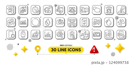 Report document, Clipboard and Internet line icons pack. 3d design elements. Phone protect, Currency rate, Music web icon. Interview, Voicemail, Chemistry lab pictogram. Vector 124099738