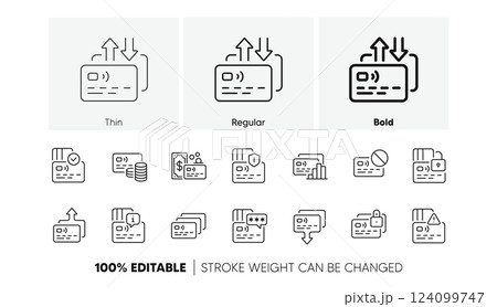 Non-cash Payment, Withdraw Funds and Wallet cash icons. Credit card line icons. Money Transfer, Approved credit card and Payment method. Password protection, Withdrawal funds from wallet. Vector 124099747