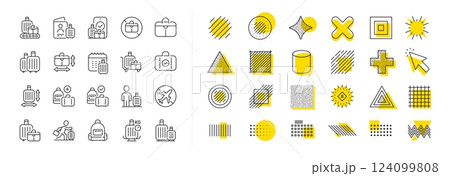 Travel bag size, Check weight and Backpack set. Design shape elements. Baggage line icons. Airport luggage belt, handbag dimensions and baggage claim line icons. Vector 124099808