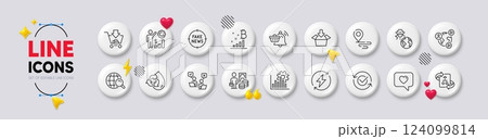 Employees wealth, Approved and Place line icons. White buttons 3d icons. Pack of Fake news, Video conference, Seo graph icon. Get box, Notification cart, Fraud pictogram. Vector 124099814