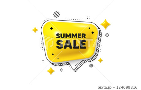 Summer Sale tag. Chat speech bubble 3d icon. Special offer price sign. Advertising Discounts symbol. Summer sale chat message. Speech bubble banner with stripes. Yellow text balloon. Vector 124099816