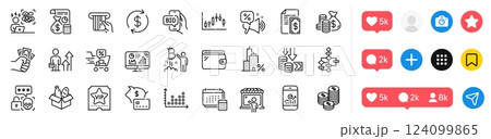 Credit card, Wallet and Accounting line icons pack. Social media icons. Discounts cart, Business results, Coins bag web icon. Smartphone statistics, Analytics graph, Vip ticket pictogram. Vector 124099865
