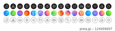 Sunny weather, Sun and Rainy weather line icons. Round icon gradient buttons. Pack of Green energy, Salad, Animal tested icon. Stop fishing, Antistatic, Water drop pictogram. Vector Sunny weather, Sun and Rainy weather line icons. Round icon gradient buttons. Pack of Green energy, Salad, Animal tested icon. Stop fishing, Antistatic, Water drop pictogram. Vector 124099897