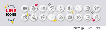 Coffee, Engineering team and Agreement document line icons. White buttons 3d icons. Pack of Waterproof mattress, Scroll down, Augmented reality icon. Analytics, Music, Lawyer pictogram. Vector 124099905