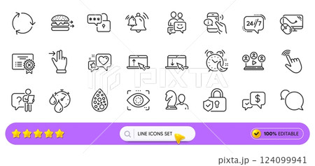 Video conference, Touchscreen gesture and Lock line icons for web app. Pack of Heart, Food delivery, Swipe up pictogram icons. 24h service, Alarm, Security lock signs. Reject certificate. Vector Video conference, Touchscreen gesture and Lock line icons for web app. Pack of Heart, Food delivery, Swipe up pictogram icons. 24h service, Alarm, Security lock signs. Reject certificate. Vector 124099941