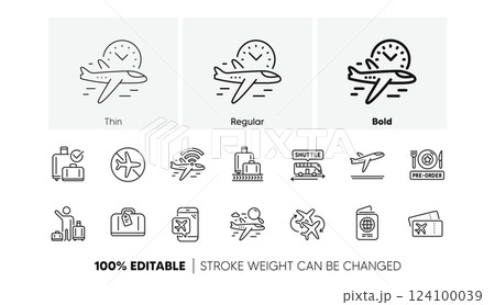Boarding pass, Baggage claim, Departure. Airport line icons set. Connecting flight, tickets, pre-order food icons. Passport control, airport baggage carousel, inflight wifi. Line icons set. Vector Boarding pass, Baggage claim, Departure. Airport line icons set. Connecting flight, tickets, pre-order food icons. Passport control, airport baggage carousel, inflight wifi. Line icons set. Vector 124100039