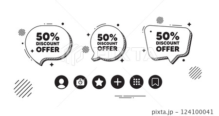 50 percent discount tag. Speech bubble offer icons. Sale offer price sign. Special offer symbol. Discount chat text box. Social media icons. Speech bubble text balloon. Vector 124100041