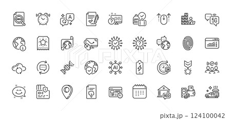 Update comments, Chemistry dna and Fingerprint line icons pack. AI, Question and Answer, Map pin icons. 5g internet, Web traffic, Alarm clock web icon. Vector 124100042