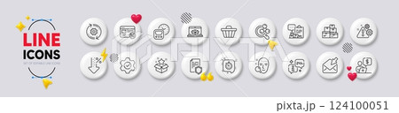 Chemistry lab, Shop cart and Open mail line icons. White buttons 3d icons. Pack of Inventory report, Low percent, Face search icon. Warning, Data security, Cogwheel pictogram. Vector Chemistry lab, Shop cart and Open mail line icons. White buttons 3d icons. Pack of Inventory report, Low percent, Face search icon. Warning, Data security, Cogwheel pictogram. Vector 124100051