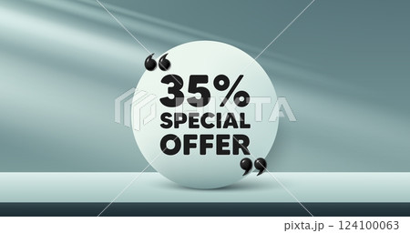 35 percent discount offer tag. Circle frame, product stage background. Sale price promo sign. Special offer symbol. Discount round frame message. Minimal design offer scene. 3d comma quotation. Vector 124100063