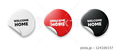 Welcome home tag. Price tag sticker with offer message. Home invitation offer. Hello guests message. Sticker tag banners. Discount label badge. Vector Welcome home tag. Price tag sticker with offer message. Home invitation offer. Hello guests message. Sticker tag banners. Discount label badge. Vector 124100137