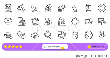 Photo camera, Phone video and Research line icons for web app. Pack of Cut tax, Fast delivery, Reminder pictogram icons. Search mail, 360 degree, Music phone signs. Analytics chart. Search bar. Vector Photo camera, Phone video and Research line icons for web app. Pack of Cut tax, Fast delivery, Reminder pictogram icons. Search mail, 360 degree, Music phone signs. Analytics chart. Search bar. Vector 124100141