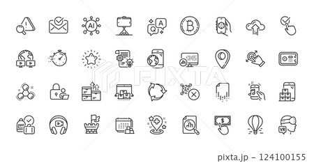 Music phone, Delivery and Headphones line icons pack. AI, Question and Answer, Map pin icons. Report statistics, Approved mail, Analytics graph web icon. Vector 124100155