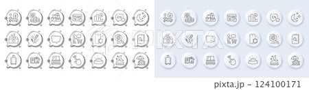 Fireworks rocket, Baggage reclaim and Chat message line icons. White pin 3d buttons, chat bubbles icons. Pack of Balcony, Engineering documentation, Web timer icon. Vector 124100171