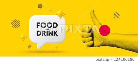 Hand showing thumb up like sign. Food and Drink tag. Kitchen food offer. Restaurant menu. Food and Drink chat box 3d message. Grain dots hand. Like thumb up sign. Vector 124100186