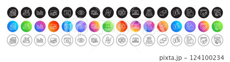 Auction, Cvv code and Business vision line icons. Round icon gradient buttons. Pack of Online payment, Donate, Card icon. Currency rate, Candlestick chart, Online statistics pictogram. Vector Auction, Cvv code and Business vision line icons. Round icon gradient buttons. Pack of Online payment, Donate, Card icon. Currency rate, Candlestick chart, Online statistics pictogram. Vector 124100234