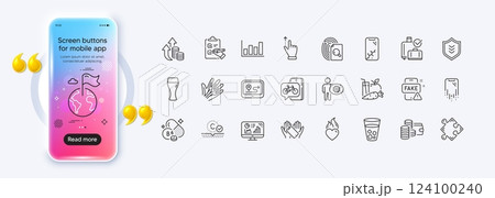 Juice, Bike app and Destination flag line icons for web app. Phone mockup gradient screen. Pack of Report diagram, Gps, Smartphone broken pictogram icons. Vector 124100240