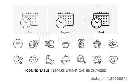 Analytics, Pasta and Best rank line icons. Pack of Food delivery, Text message, Loyalty points icon. Sale, Restaurant food, Ranking star pictogram. Swipe up, Calendar time, Chef. Line icons. Vector 124100243