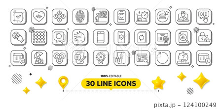 Video conference, Analytics graph and Fingerprint line icons pack. 3d design elements. Report document, Phone chat, Website search web icon. Vector 124100249