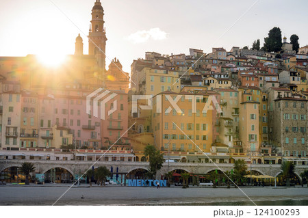 Menton village pictoresque view of old town at warm sunset, France 124100293