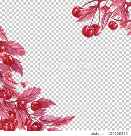 Cherry branches postcard. Red berries on twigs. Watercolor illustration in monochrome style isolated from the background. Perfect for packaging frozen berries, tea, dumplings, tincture, compote Cherry branches postcard. Red berries on twigs. Watercolor illustration in monochrome style isolated from the background. Perfect for packaging frozen berries, tea, dumplings, tincture, compote 124100356