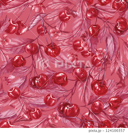 Monochrome seamless pattern with cherry branches. Cherry blossoms. Red berries. Watercolor illustration on the pink background. Ripe berries for textile, packaging frozen cherries, marmalade, liqueur 124100357