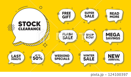 Offer speech bubble icons. Stock clearance sale tag. Special offer price sign. Advertising discounts symbol. Stock clearance chat offer. Speech bubble discount banner. Text box balloon. Vector Offer speech bubble icons. Stock clearance sale tag. Special offer price sign. Advertising discounts symbol. Stock clearance chat offer. Speech bubble discount banner. Text box balloon. Vector 124100397