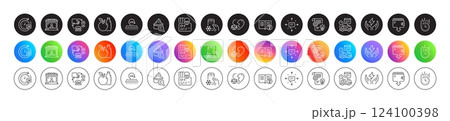 Fast delivery, Apple and Cyber attack line icons. Round icon gradient buttons. Pack of Refrigerator app, Safe energy, Wallet icon. Cogwheel, Uv protection, Market seller pictogram. Vector 124100398