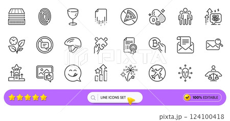Leaves, Fireworks and Yummy smile line icons for web app. Pack of Cholecalciferol, Glass, Prohibit food pictogram icons. Vip podium, Stop talking, Mail newsletter signs. Ranking stars. Vector 124100418