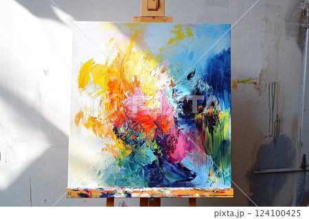 a painting on a wooden easel, white background 124100425