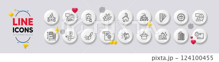 Cardboard box, Inspect and Brush line icons. White buttons 3d icons. Pack of Skyscraper buildings, Inventory report, Parcel tracking icon. Night city, Floor plan, Inventory cart pictogram. Vector Cardboard box, Inspect and Brush line icons. White buttons 3d icons. Pack of Skyscraper buildings, Inventory report, Parcel tracking icon. Night city, Floor plan, Inventory cart pictogram. Vector 124100455