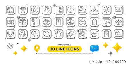 Face biometrics, Cooler bottle and Corn line icons pack. 3d design elements. Mental conundrum, Water drop, Get box web icon. Dollar exchange, Winner, Journey pictogram. Vector 124100460