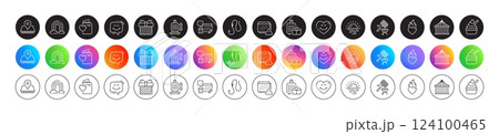 Grill basket, Love document and Account line icons. Round icon gradient buttons. Pack of Notification, Carousels, Hook icon. Baggage, Ice cream, Sunrise pictogram. Vector 124100465