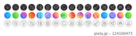Global business, Lgbt and Fever line icons. Round icon gradient buttons. Pack of Best glasses, Consulting business, Save planet icon. Friends couple, Smile, Video conference pictogram. Vector 124100473