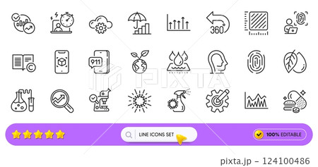 Analytics, Augmented reality and Emergency call line icons for web app. Pack of Psychology, Computer fingerprint, Coronavirus pictogram icons. Statistics, Microscope, Coronavirus spray signs. Vector 124100486