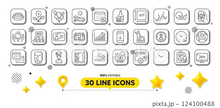 Dishes, Online auction and Full rotation line icons pack. 3d design elements. Award app, Lock, Balloons web icon. Lounger, Wallet, Calendar pictogram. Luggage belt, Calendar tax, Student. Vector 124100488