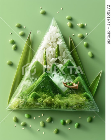 Transparent green-wrapped zongzi reveals a delightful scene of hills, a dragon boat, and a mix of rice and green beans. 124100572