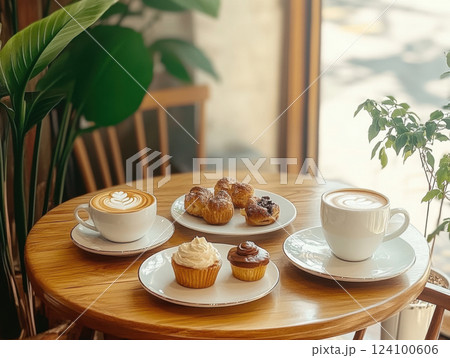 cup of cappuccino and sweet buns 124100606