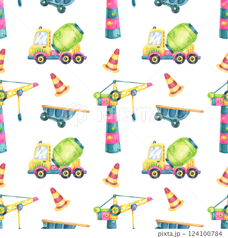 Watercolor cement mixers, cranes, stop signs, and cones in a seamless pattern. Suitable for fabric prints, kids bedroom decor, digital scrapbooking, and construction-themed products 124100784