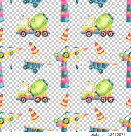 Watercolor cement mixers, cranes, stop signs, and cones in a seamless pattern. Suitable for fabric prints, kids bedroom decor, digital scrapbooking, and construction-themed products 124100784