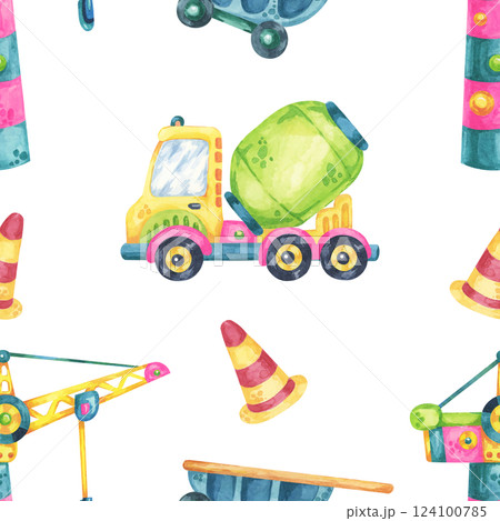 Watercolor cement mixers, traffic cones, and road signs with scattered elements. This seamless pattern is perfect for childrens books, fabric prints, and construction-themed packaging 124100785