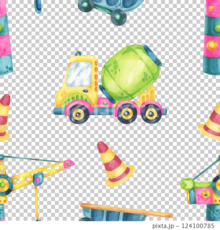 Watercolor cement mixers, traffic cones, and road signs with scattered elements. This seamless pattern is perfect for childrens books, fabric prints, and construction-themed packaging 124100785