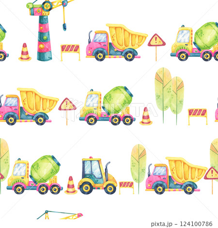 Watercolor dump trucks, cement mixers, and trees set on a soft pink background. This seamless pattern is ideal for childrens clothing, party decorations, and themed scrapbooking projects. 124100786