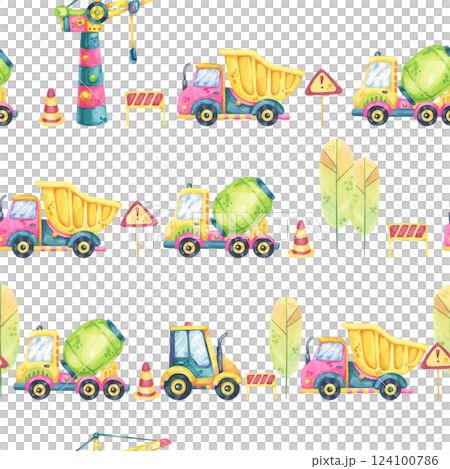 Watercolor dump trucks, cement mixers, and trees set on a soft pink background. This seamless pattern is ideal for childrens clothing, party decorations, and themed scrapbooking projects. 124100786